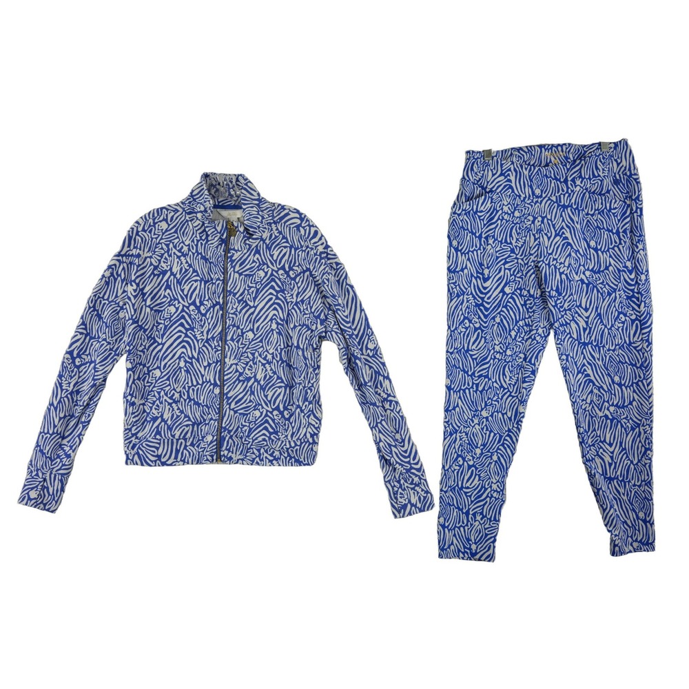 Lilly Pulitzer Luxletic Jacket Top Pants Set Women's Size Medium 8 Blue Zebra